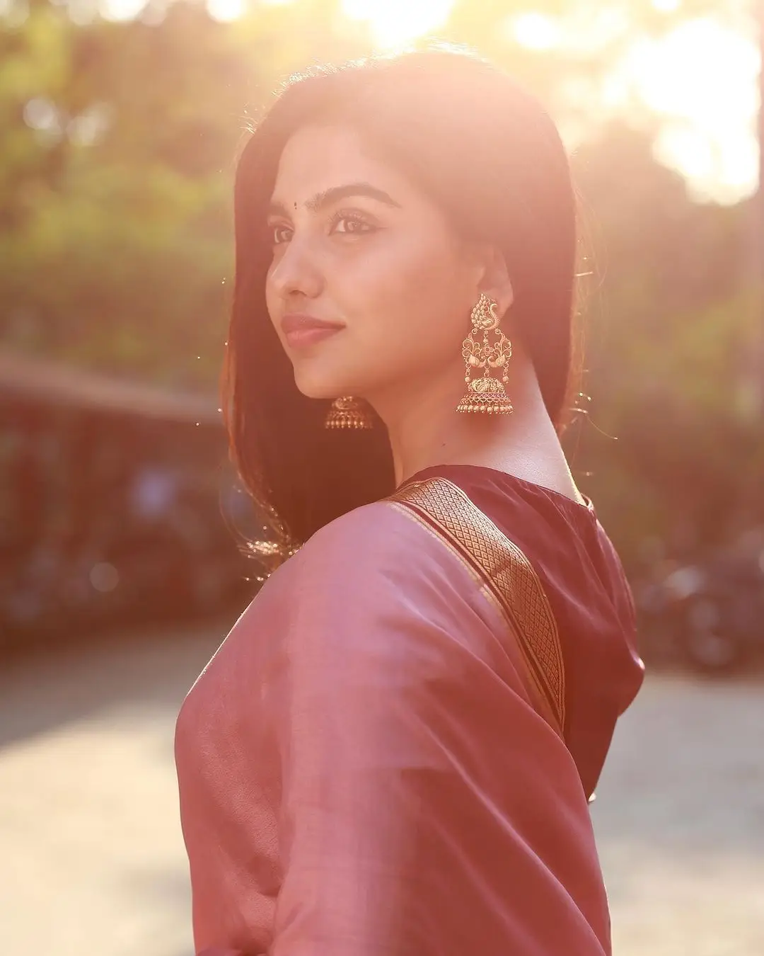 Malayalam Actress Mamitha Baiju in Pink Saree Maroon Blouse